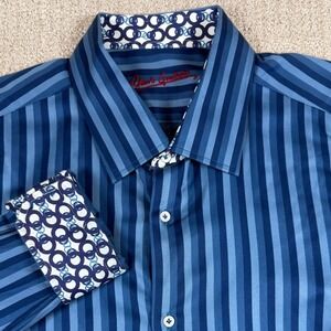 Robert Graham Mens XL (44 17.5) Blue Striped Long Sleeve Button Up Shirt